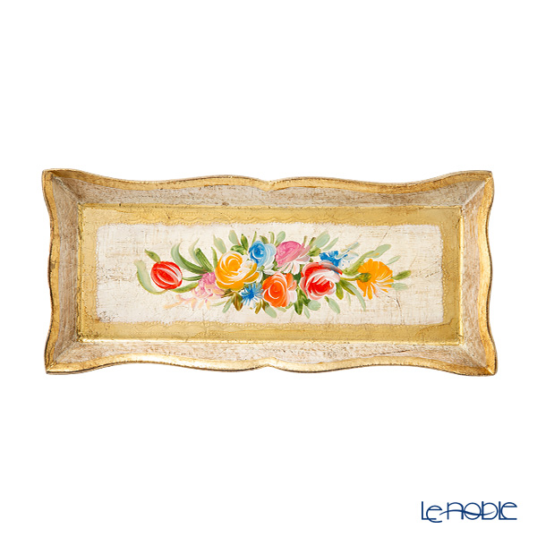 Florentine Wooden Crafts 'White & Gold with Flower pattern' Rectangular Pen Tray 25x11cm